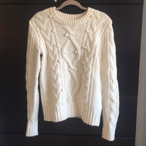Ivory Cable Knit Fisherman Sweater with Poms